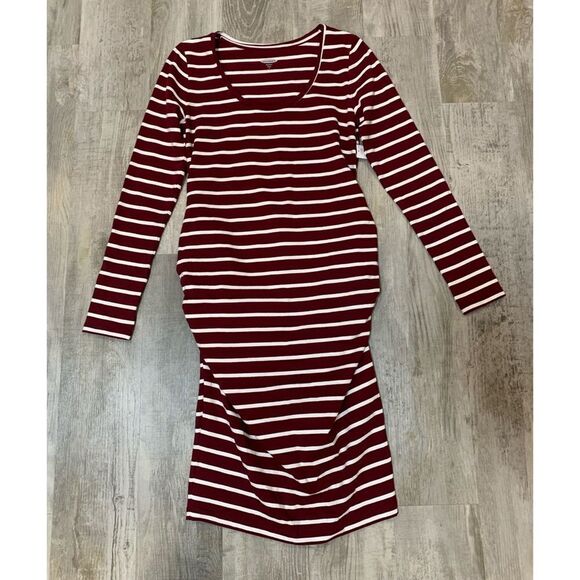 $5 item - NWT Old Navy maternity long sleeve maroon white fitted dress size S - Picture 6 of 14